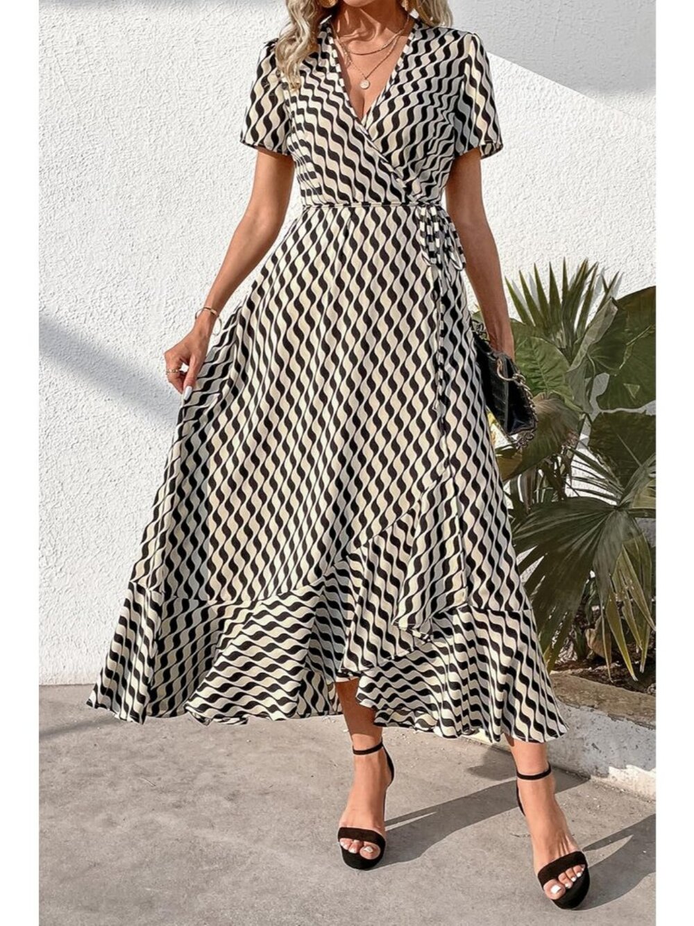 Women's White Wave V Neck Casual Short Sleeve Outfit Pull On Zipper Maxi Dresses - Picture 5 of 6